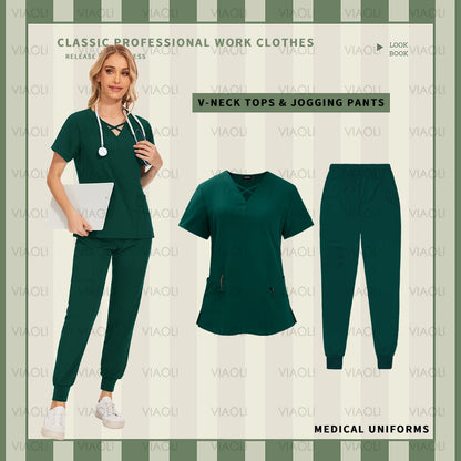 Nurse Uniforms Woman Short Sleeve V Neck Top Scrubs Jogger Pants Medical Scrubs Set Women Summer Casual Uniformes Clinicos Mujer