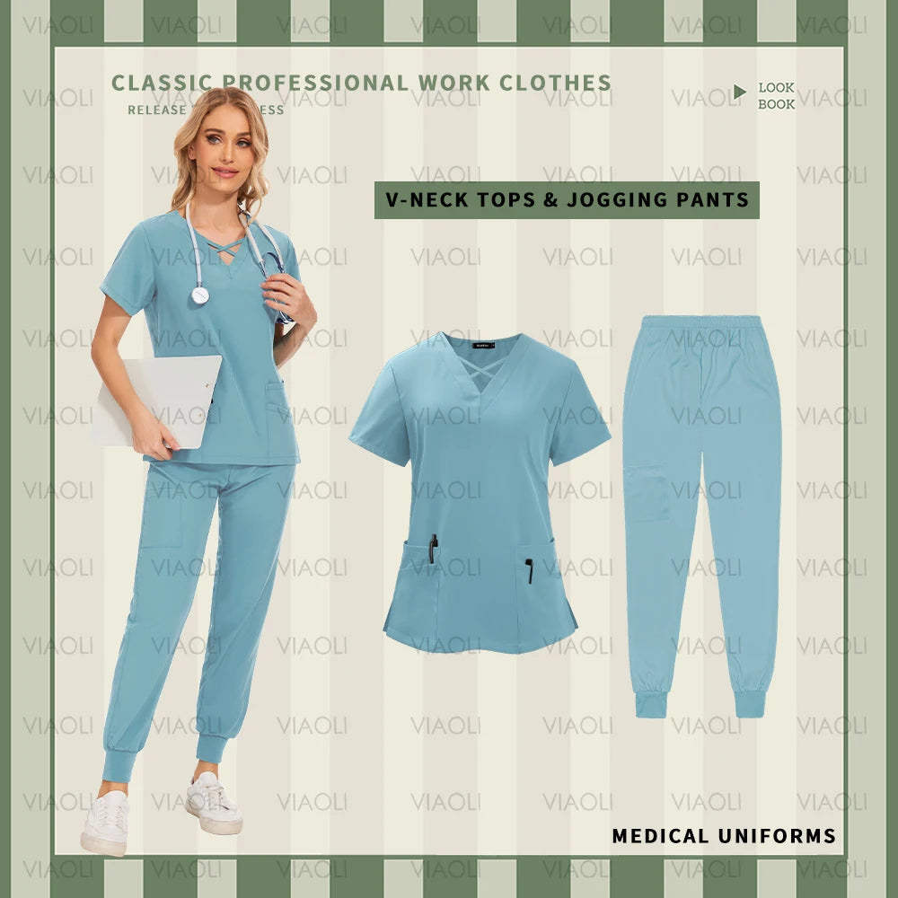 Nurse Uniforms Woman Short Sleeve V Neck Top Scrubs Jogger Pants Medical Scrubs Set Women Summer Casual Uniformes Clinicos Mujer
