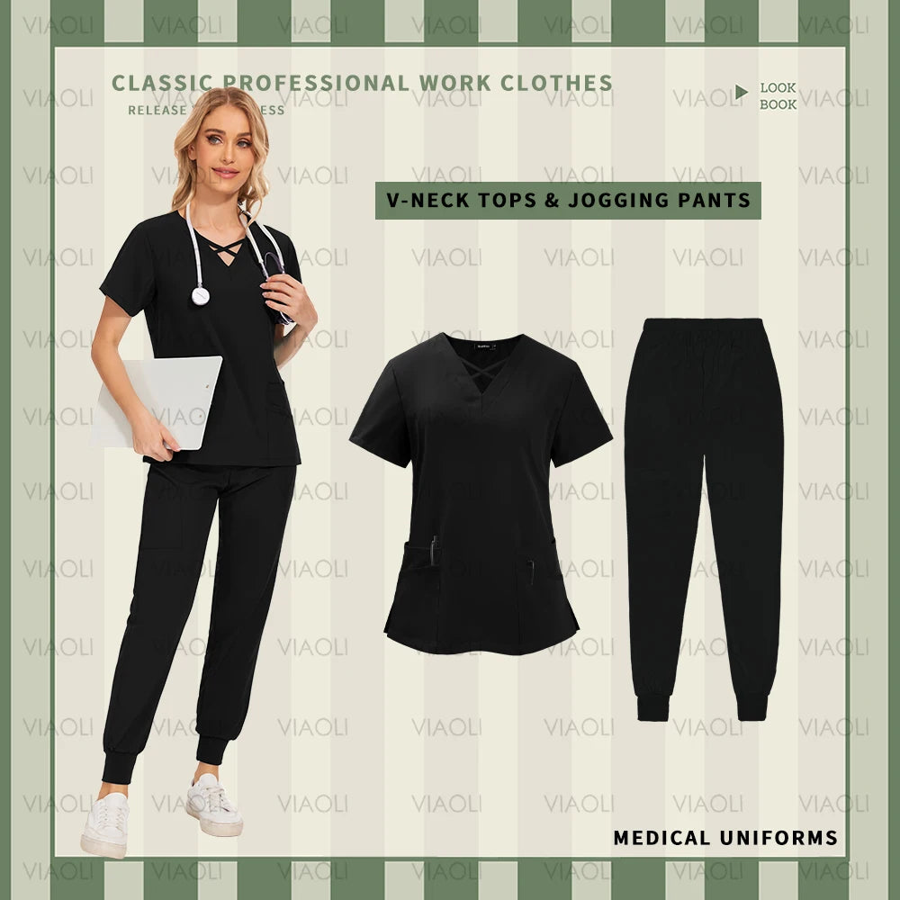 Nurse Uniforms Woman Short Sleeve V Neck Top Scrubs Jogger Pants Medical Scrubs Set Women Summer Casual Uniformes Clinicos Mujer