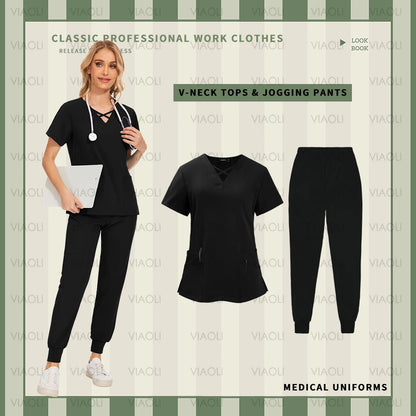 Nurse Uniforms Woman Short Sleeve V Neck Top Scrubs Jogger Pants Medical Scrubs Set Women Summer Casual Uniformes Clinicos Mujer