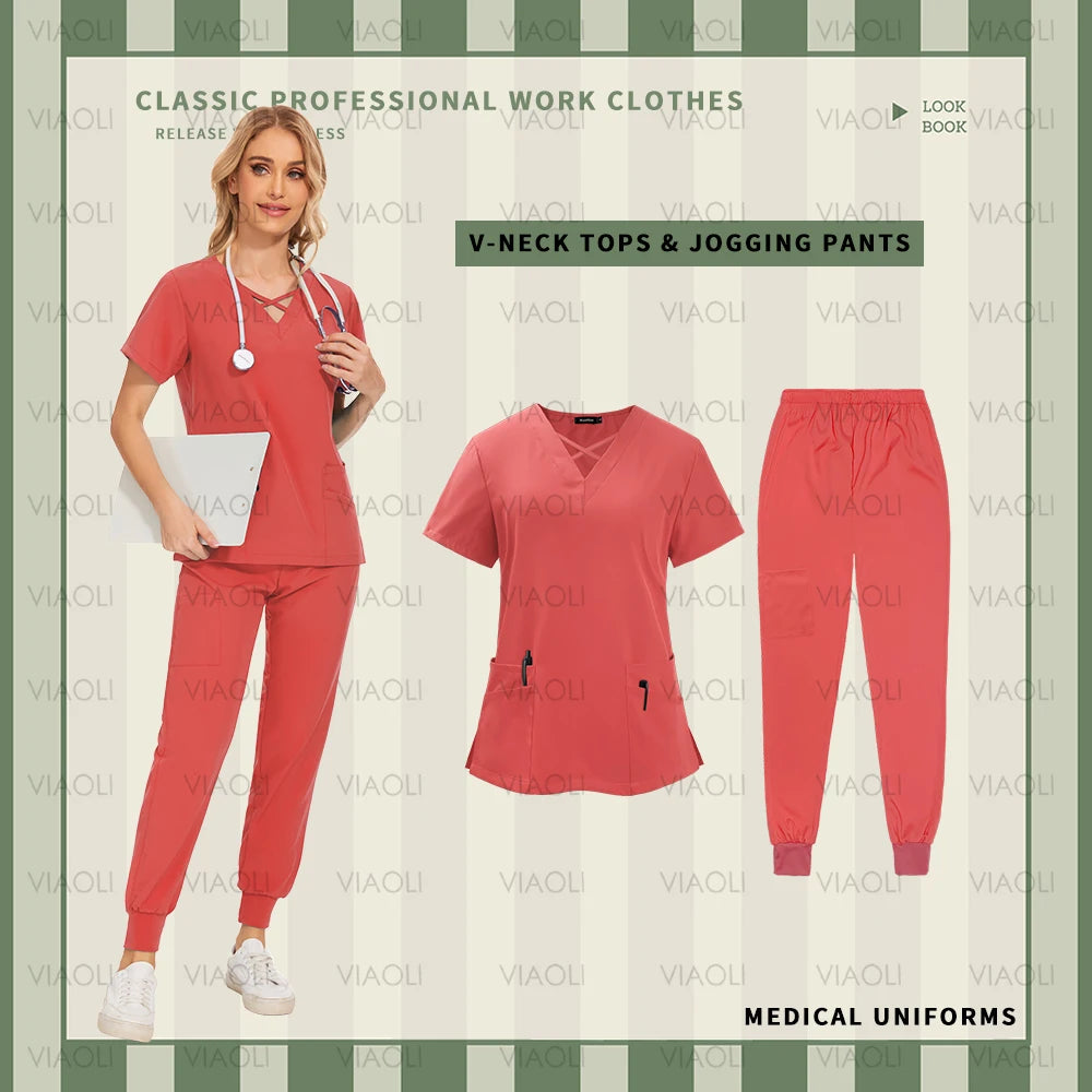 Nurse Uniforms Woman Short Sleeve V Neck Top Scrubs Jogger Pants Medical Scrubs Set Women Summer Casual Uniformes Clinicos Mujer