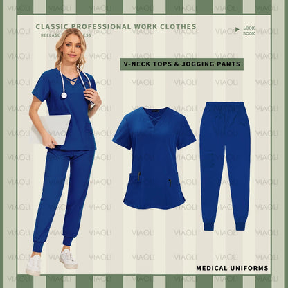 Nurse Uniforms Woman Short Sleeve V Neck Top Scrubs Jogger Pants Medical Scrubs Set Women Summer Casual Uniformes Clinicos Mujer