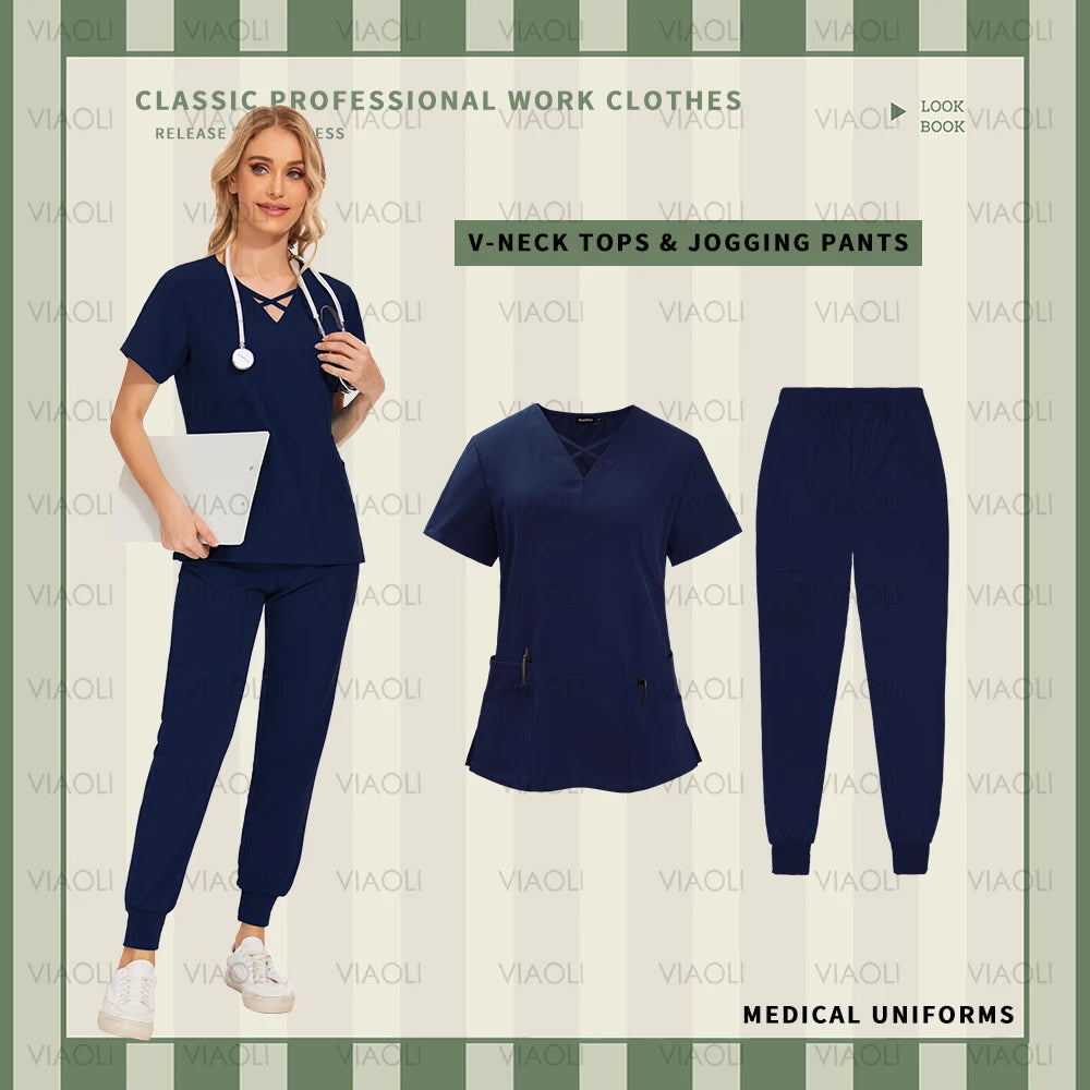 Nurse Uniforms Woman Short Sleeve V Neck Top Scrubs Jogger Pants Medical Scrubs Set Women Summer Casual Uniformes Clinicos Mujer