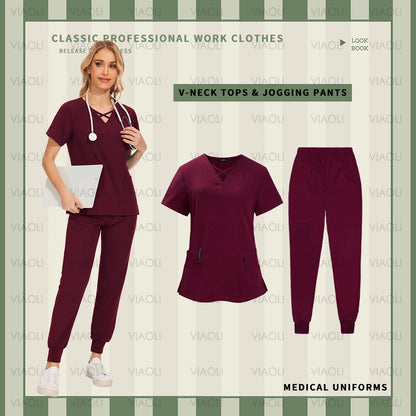 Nurse Uniforms Woman Short Sleeve V Neck Top Scrubs Jogger Pants Medical Scrubs Set Women Summer Casual Uniformes Clinicos Mujer