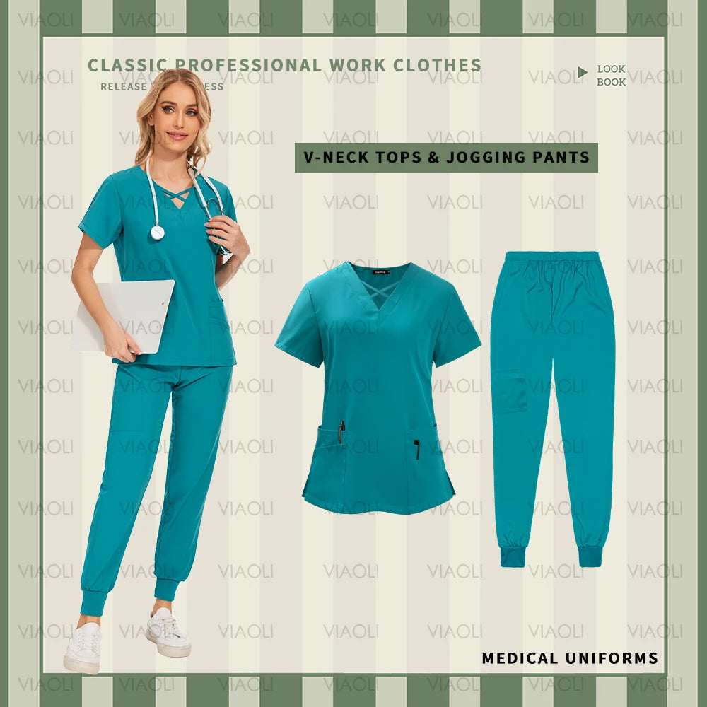 Nurse Uniforms Woman Short Sleeve V Neck Top Scrubs Jogger Pants Medical Scrubs Set Women Summer Casual Uniformes Clinicos Mujer